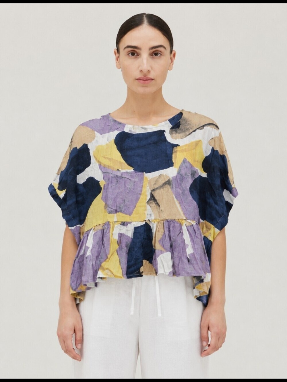 Anthropologie Grade & Gather Abstract Peplum Blouse S/M Boho Artsy Rayon Top